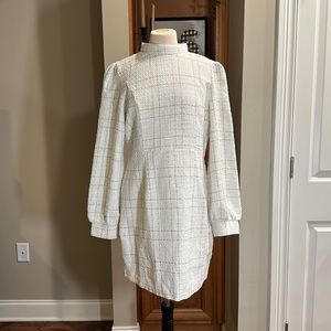 Plaid Mock Neck Puff Sleeve Fitted Dress
